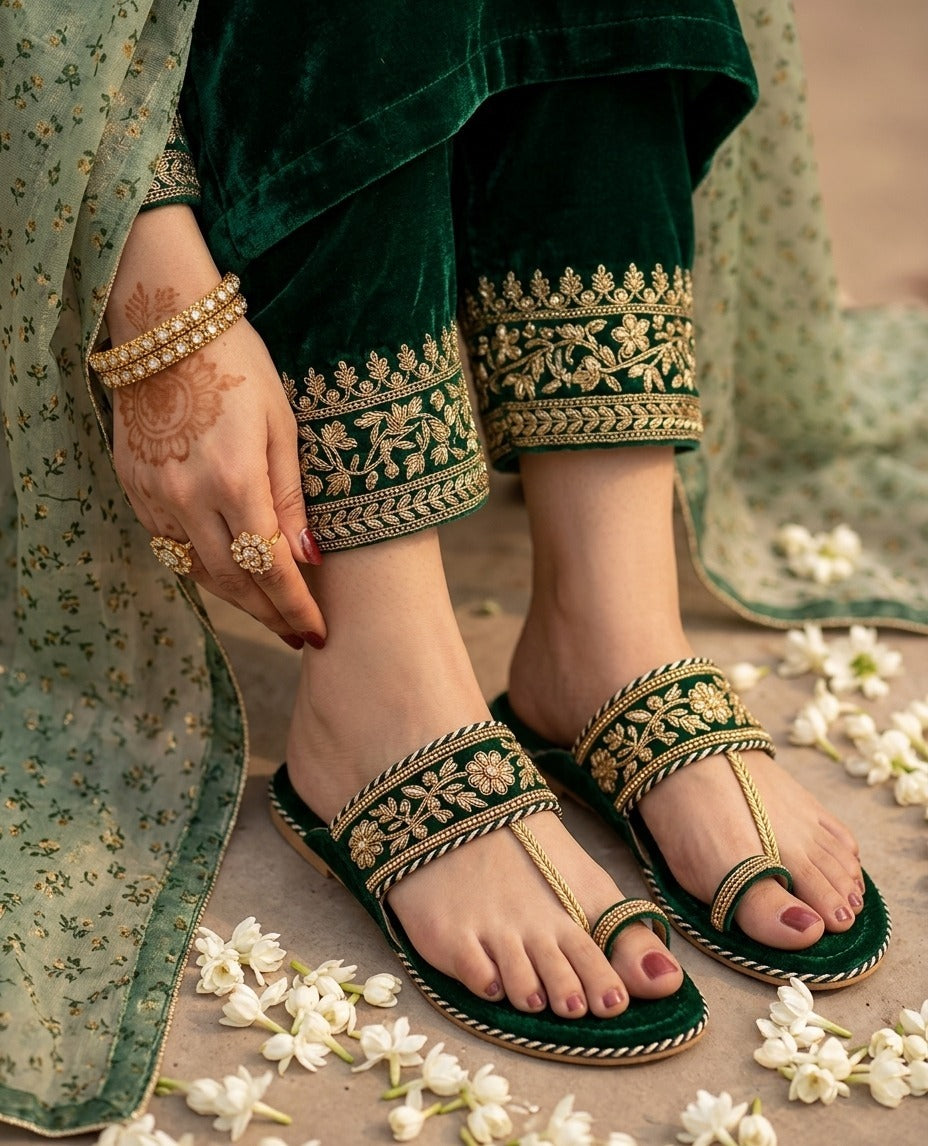 Elegant Green Velvet Embroidered Kolhapuri Chappal
