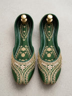 Luxury Green Embroidered Khussa - Premium Pearl Handwork