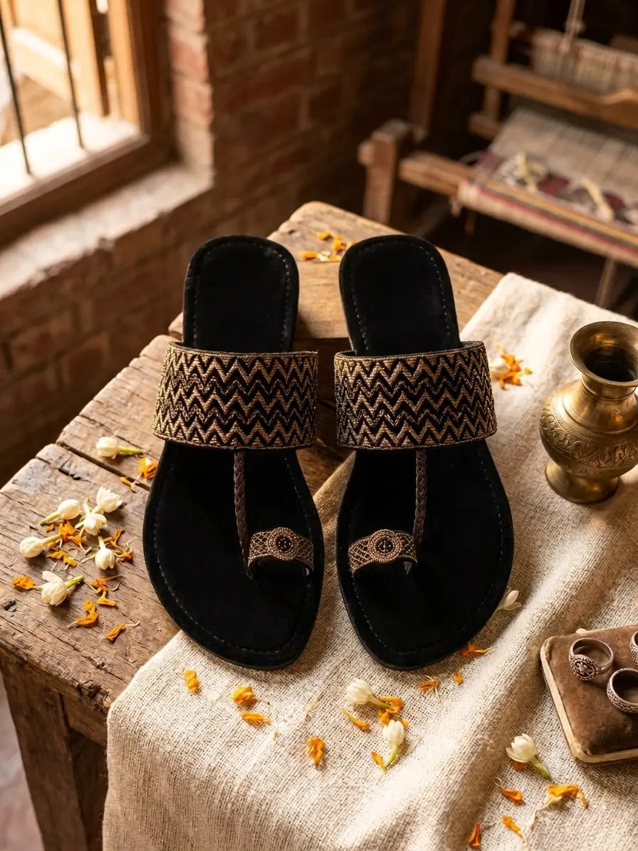 Classic Black & Gold Zig-Zag Chappal